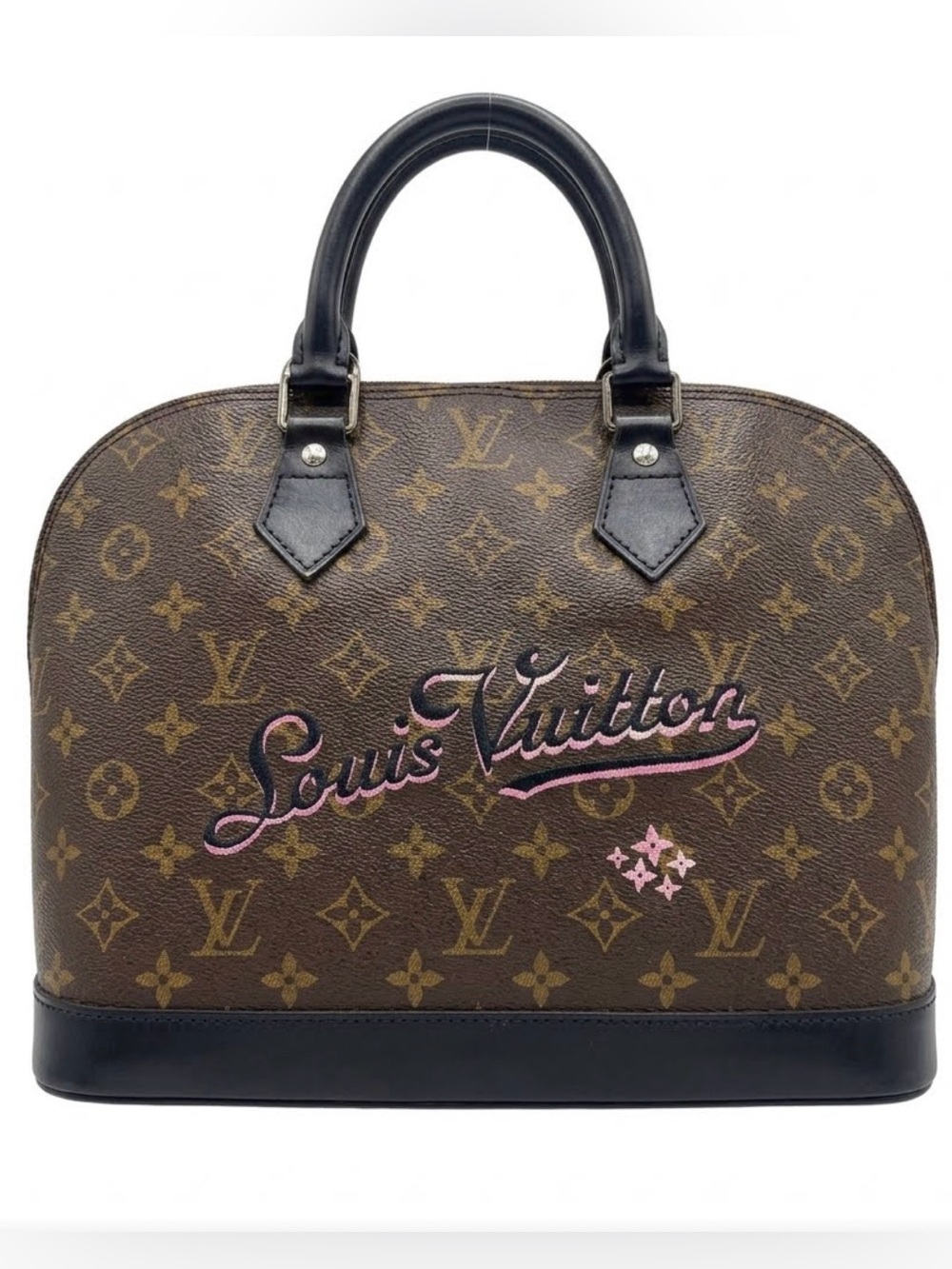 Louis Vuitton Custom Monogram Alma PM Pink Script Vinyl Handbag